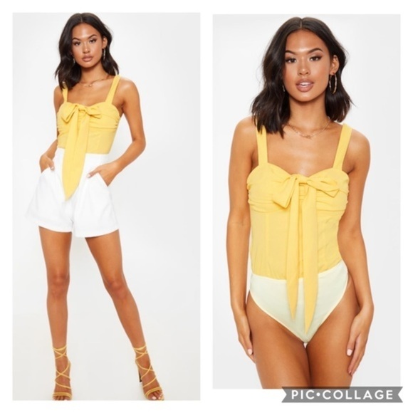 NWT PrettyLittleThing Lemon Woven Pleat Bodysuit - Picture 1 of 8